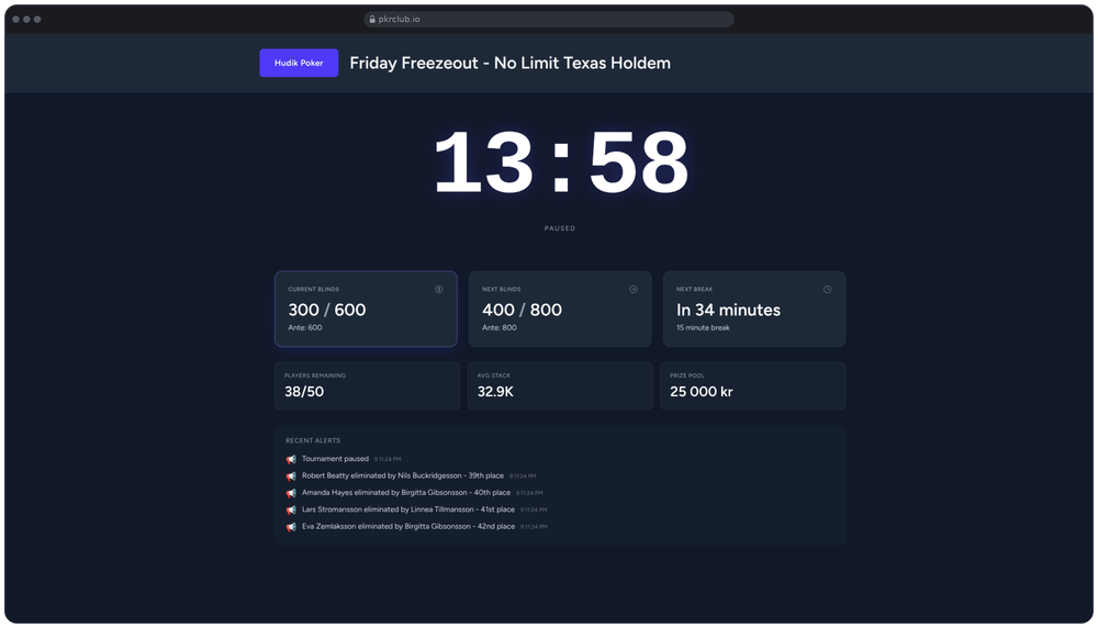 pkrclub tournament clock shown in a web browser