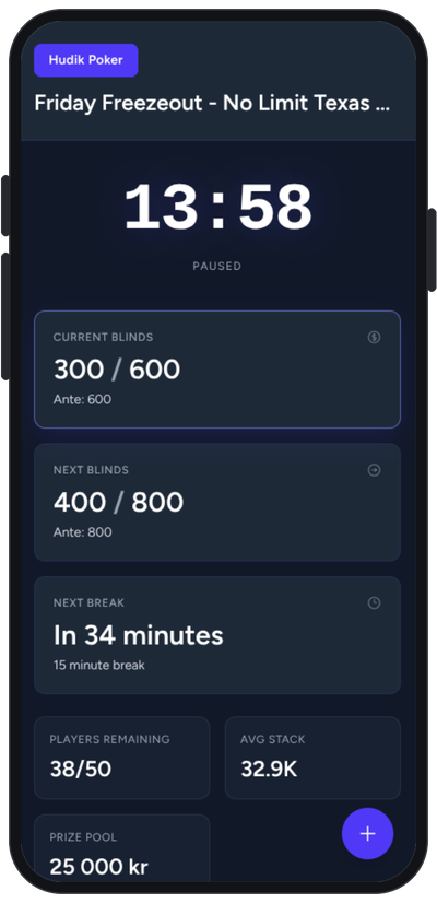 pkrclub tournament clock on a phone