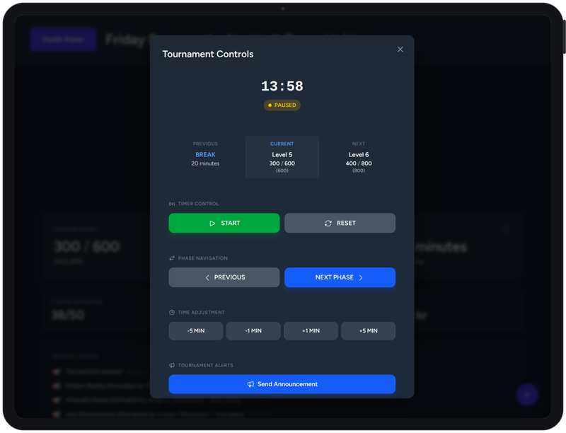 pkrclub tournament controls on a tablet