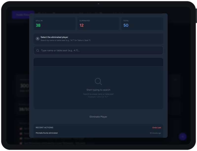 pkrclub player elimination on a tablet